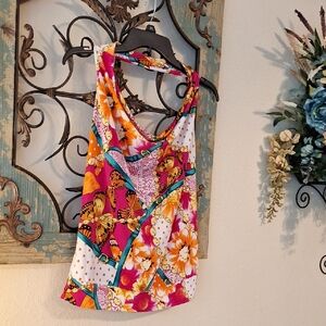 Vibrant Pink/Orange Sleeveless Graphic Halter Top Excellent Condition Size LARGE